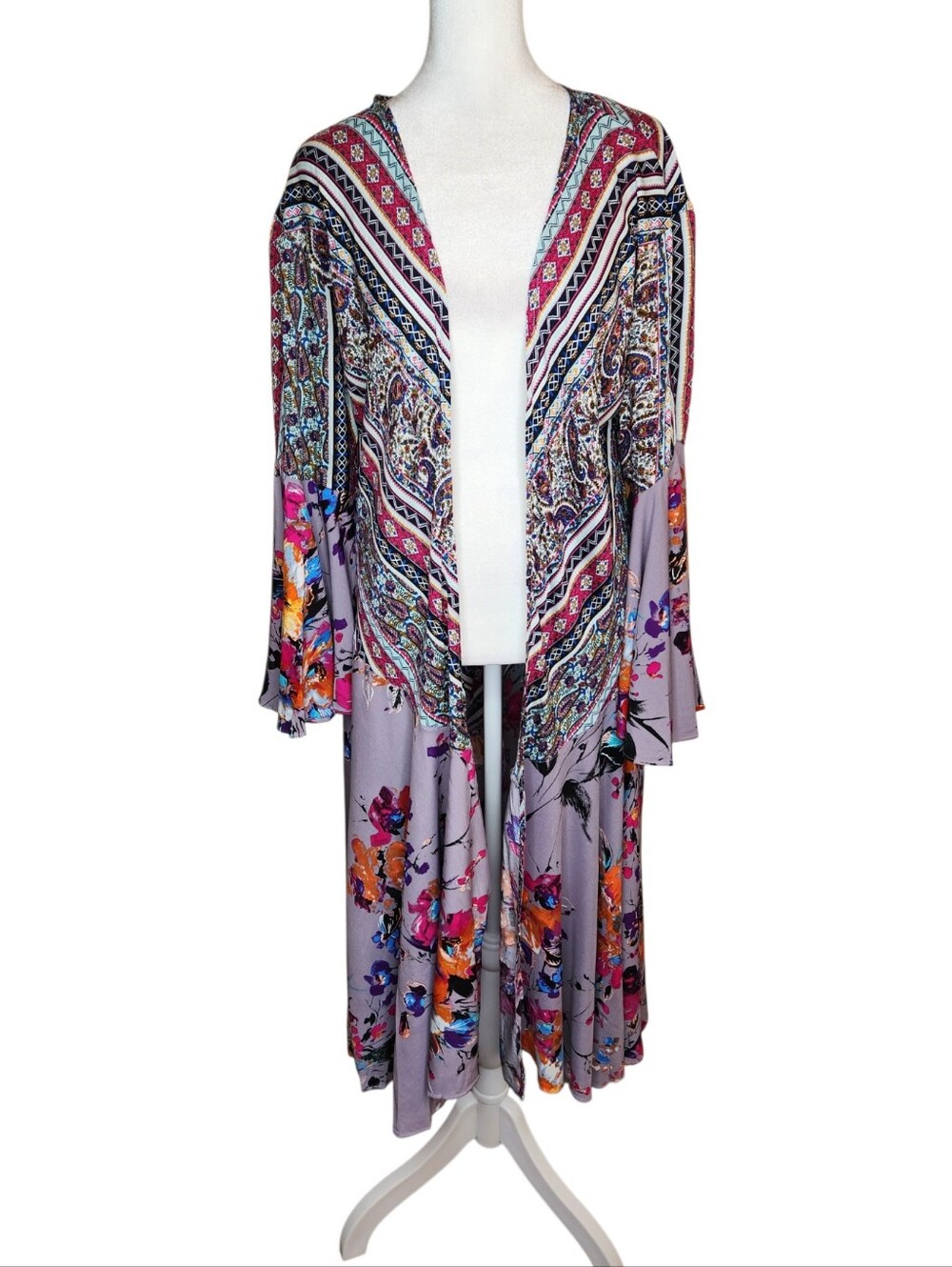 NEW Umgee Boho Paisley Floral Purple Multi Open Kimono Bell Sleeves Size Small